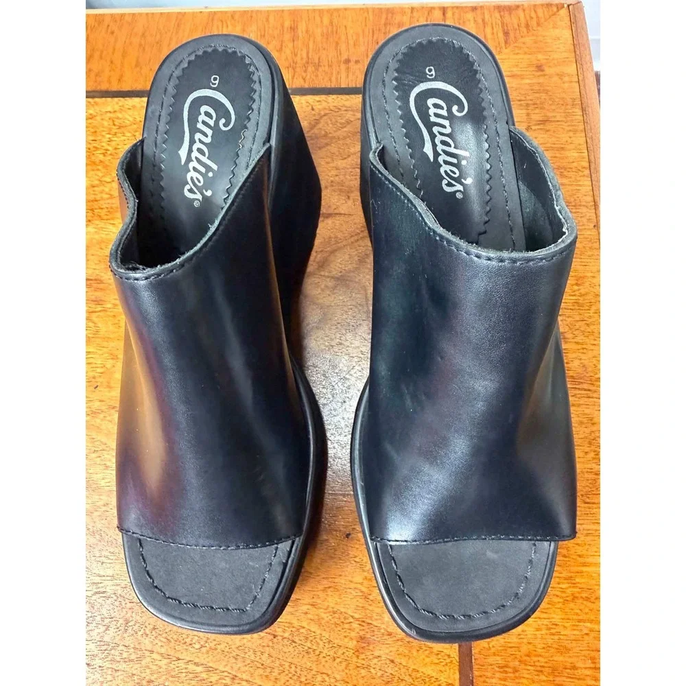 Vintage Candies Women's 9 Black Platform Wedge Slide Sandals Peep Toe Mules